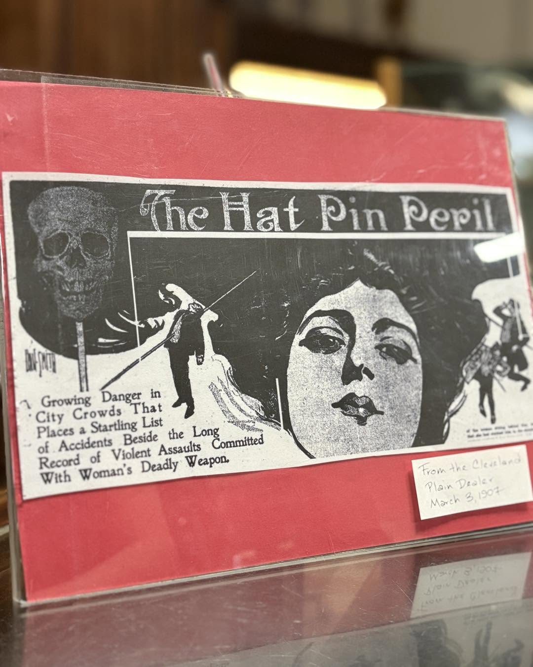 photo by jennifer kirby courtesy of the weston historical museum Above, A 1907 Cleveland Plain Dealer illustration depicts the “hatpin peril,” a period of public concern over women using long hatpins as weapons and for self-defense. Museum curator Shelly Franklin displayed the image during the inaugural History Mystery Hour on July 16, 2026 at the Weston Historical Museum.